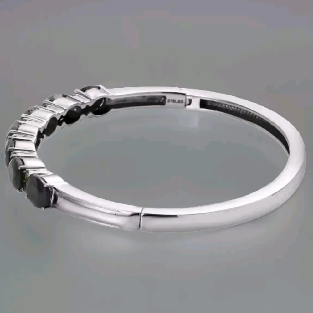 Black Sapphire Tourmaline Bangle Bracelet Stainless Steel 7.5 Inch